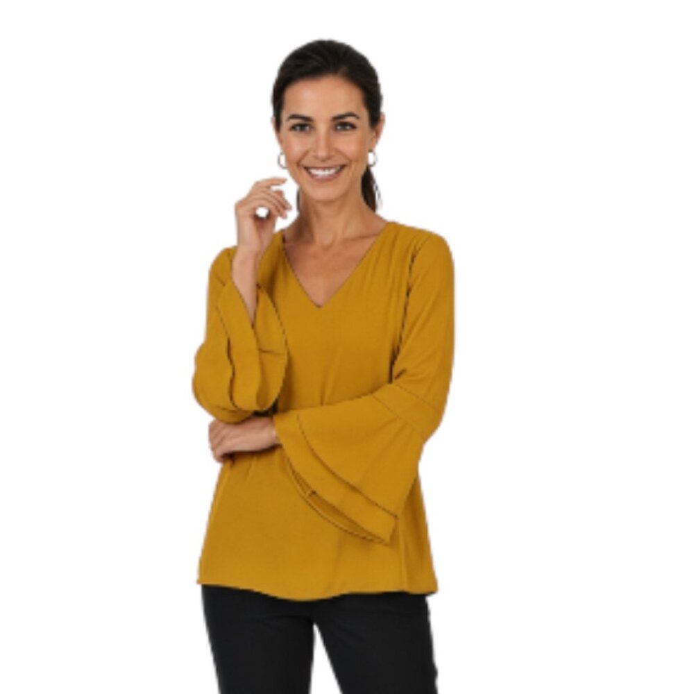 Alfani Size 2 Gold V Neck Long Bell Sleeve V Neck Blouse